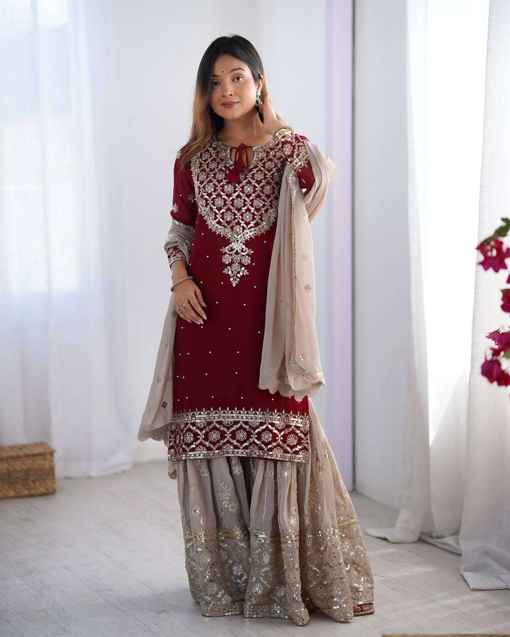 Women's Faux Georgette Sequins Embroidered Straight Kurta With Sharara Suit and Dupatta Set - Image 8